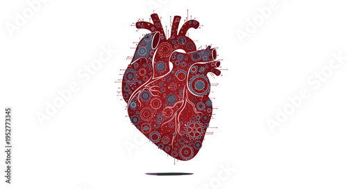 A detailed anatomical human heart is depicted as a complex circuit board with red and grey electronic components on a white background.