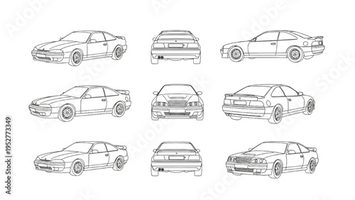 Detailed line drawings showcasing various retro car models from different angles