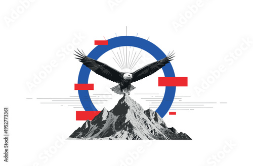 Modern graphic collage of a monochrome compass held by one hiker, framed within bold cobalt circular element and intersected by orange rectangles, thin