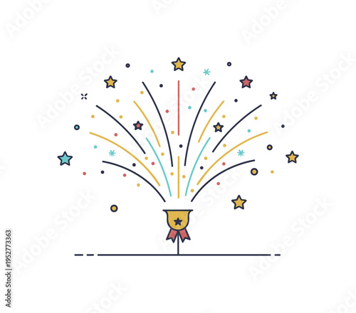 Firework burst simple radial spark pattern expanding outward with tiny star particles, symbolizing celebration, achievement and festive moments. Minimalist