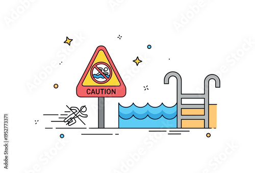 No running near pool rule illustrated by a simple caution sign next to stylized water edge, expressing prevention of slips and injuries. Small motion line