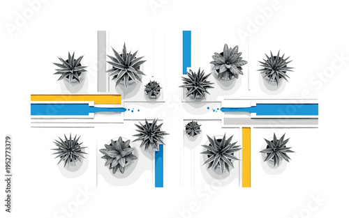Black and white top view of multiple brass compasses arranged rhythmically, abstract rectangular and circular blocks forming balanced pattern, emerald green