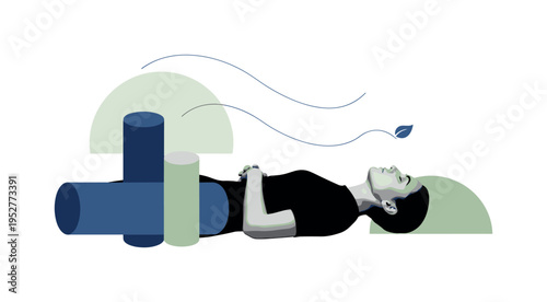 Black and white realistic figure lying down in a relaxed pose, eyes closed, combined with abstract cylindrical shapes and soft semicircles in deep blue and