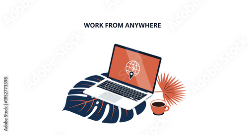 A white laptop with an orange screen displaying a globe icon rests on tropical leaves next to a coffee cup on a white background.
