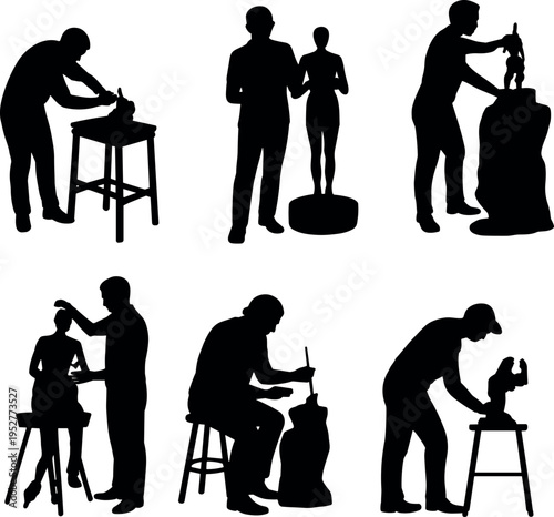 Sculptor artist silhouettes creating statues in workshop isolated on white background, pottery and sculpture making process with craftsmen figures set