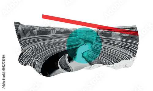Black and white winding canyon river cutting through deep rock walls, bright turquoise circular element integrated behind the river curve, sharp red diagonal