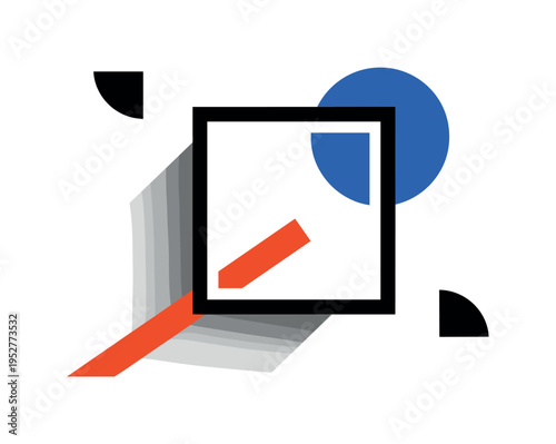 Black and white square picture frame casting a sharp geometric shadow, bright electric blue circle intersecting the upper corner, orange diagonal bar cutting