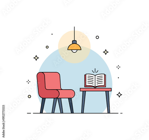 Quiet reflection corner illustrated with a simple chair, small table, and an open devotional book under a soft circular light accent. A compact editorial