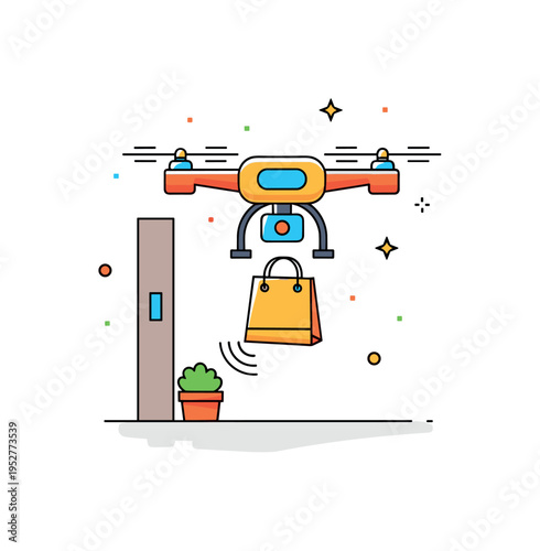 Contactless grocery drone drop showing a quadcopter lowering a small shopping bag onto a doorstep, expressing safety and convenience in daily life. The compact