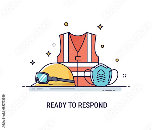 PPE gear laid out on table emergency response kit scene with a helmet, high visibility vest, and protective mask arranged in a compact grouping, symbolizing