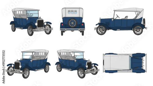 Detailed Isometric and Orthographic Views of a Classic Touring Car