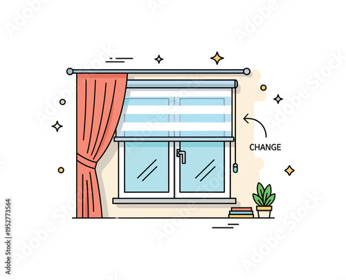 Replacing drapes with roller shades concept centered on a clean window with a smooth shade pulled halfway down and subtle arrow detail indicating change. The