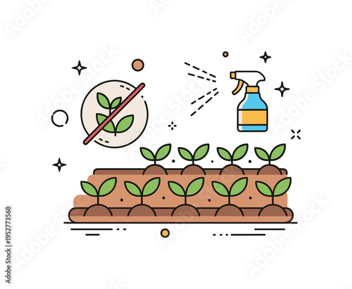 Chemical free crop cultivation scene represented by evenly spaced plants growing from rich soil with a crossed out spray bottle icon nearby, symbolizing