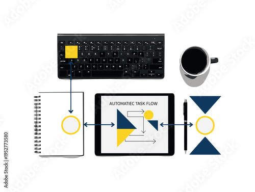 Black and white overhead workspace with keyboard, notebook and coffee cup surrounding a tablet showing automated task flow, geometric arrows and circles