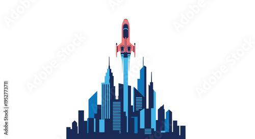 A red and blue rocket launches vertically with a blue exhaust plume from a dark blue city skyline silhouette on a white background.