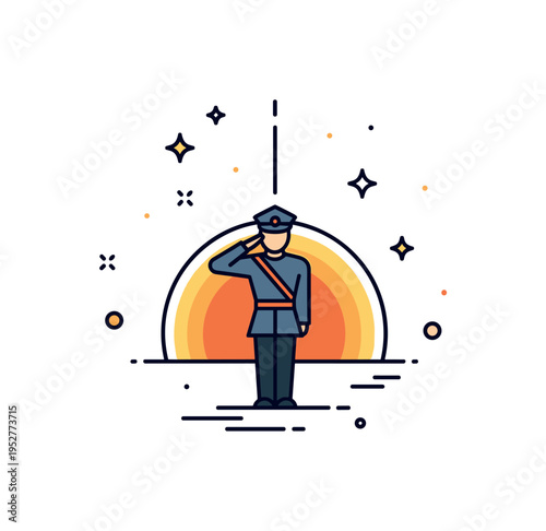 Evening honor guard concept featuring a composed silhouette figure with a subtle vertical posture line emphasizing discipline, framed by a descending circular