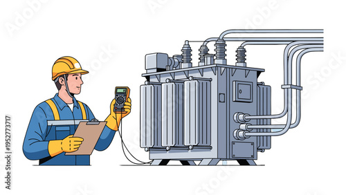 Electrician Inspecting Transformer: An electrician meticulously inspects an industrial transformer with a multimeter in a clean, brightly lit environment.