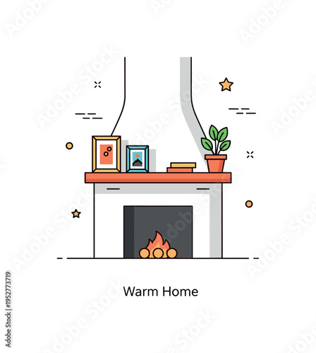Fireplace mantel cozy interior scene with a simplified mantel shelf above a minimal fireplace opening, decorated with small framed art and a potted plant,