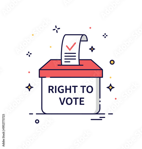 Right to vote icon ballot box with a paper slip marked with a check symbol and subtle star accents, representing democratic participation and civic rights.