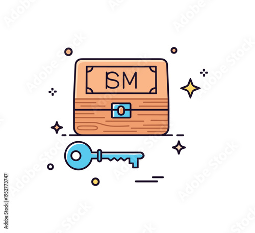 Engraved wooden keepsake box small decorative box with carved initials on the lid placed beside a key and tiny star accents, symbolizing treasured belongings.