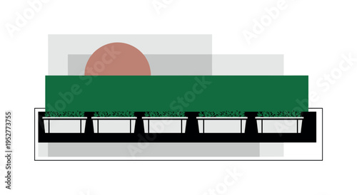 Black and white planter boxes aligned in a row creating balcony barrier, bold forest green rectangular band behind them, soft clay-colored circle accent,