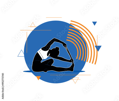 Black and white athletic silhouette performing seated forward fold using a strap, bold blue circular backdrop and orange concentric arcs expanding from the