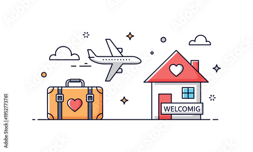 Airport farewell and reunion moment depicted by a suitcase beside a minimal airplane silhouette and a welcoming home icon, symbolizing departure and arrival.