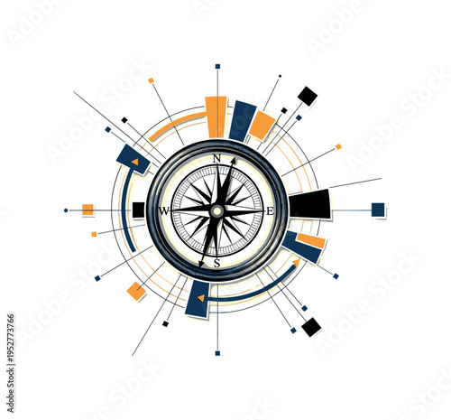 Black and white vintage compass combined with abstract circular trade routes, thin grid lines and geometric blocks suggesting global logistics systems, layered