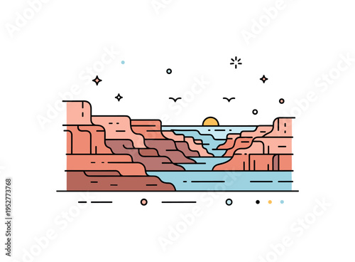 Canyon view with layered rock formations stretching into the distance and a small sun hovering above the horizon, expressing depth, scale and natural grandeur.