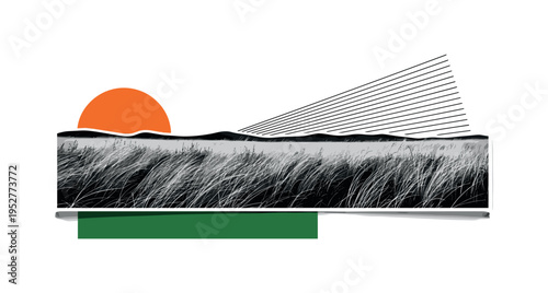 Black and white cinematic wide field scene with dramatic grass movement, bold orange circular accent offset to the side, deep green rectangular block anchoring