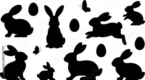 Rabbit bunny silhouettes collection with eggs and butterflies isolated on white background, cute animal set for Easter design and spring theme