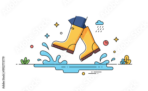 Wearing rubber boots bright rain boots stepping into a shallow puddle with playful splash droplets rising around them. A cheerful editorial concept badge about