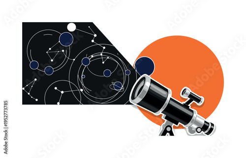 A realistic monochrome telescope angled upward, lens projecting geometric circular constellations and abstract planetary symbols, bold flat circle behind