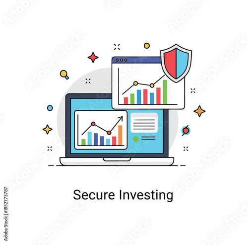 Online brokerage platform concept showing a laptop with trading charts and a small shield icon for security. Balanced composition and a subtle