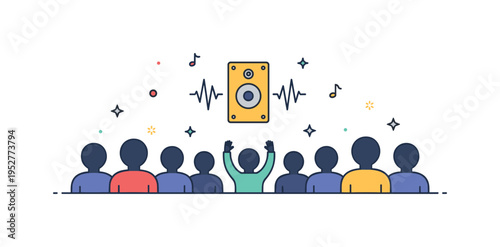 Music driven crowd connection concept featuring synchronized silhouettes facing a central speaker icon with subtle vibration lines, expressing unity, rhythm,