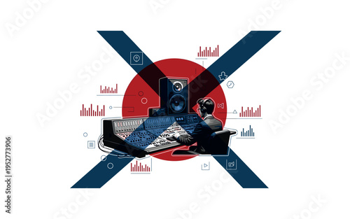 Black and white retro broadcast studio scene with operator at console and large speaker nearby, oversized deep red circular halo behind both elements, navy