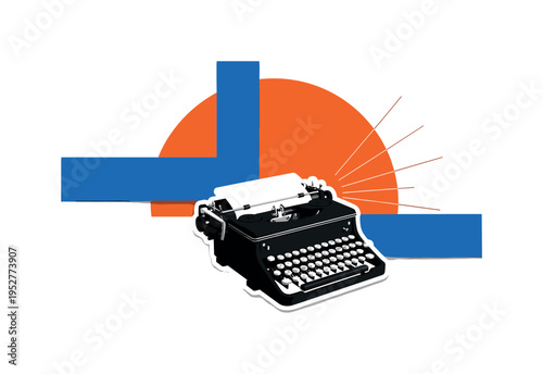 Black and white classic typewriter viewed from slight angle, bright orange semicircle rising behind like creative sun, blue rectangular geometric blocks