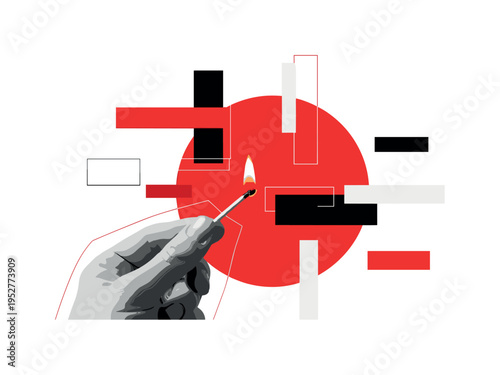 Monochrome close-up of a hand striking a match with a small flame, intersected by a large red semicircle and abstract rectangular blocks symbolizing ignition