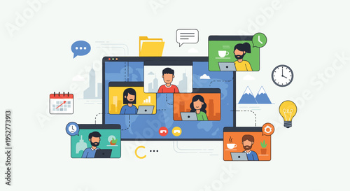 A video conference call interface shows five diverse participants in windows, surrounded by communication and productivity icons on a light green background.