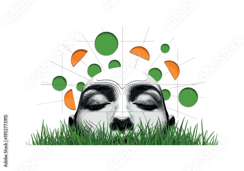 Close-up black and white human face divided symmetrically to represent mixed breed heritage, contrasting geometric blocks in blue and burnt orange splitting