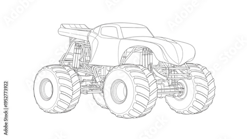 Detailed Outline Drawing of a Powerful Off-Road Monster Truck Vector Illustration