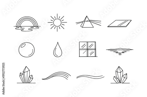 Rainbow Reflections. Minimalistic set one-line drawing rainbow arc, water puddle reflection, sun with rays, glass prism, light beam split, mirror surface, soap