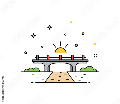 Bridge as growth metaphor featuring a small path leading across a minimal span toward a rising sun icon, symbolizing opportunity and new beginnings. The