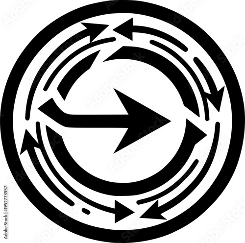 Circular flow process icon: An emblematic icon of interconnectedness, depicting a series of arrows revolving in a circular motion, symbolizing continuous flow, process and iteration. 