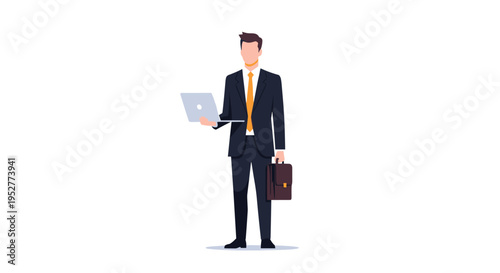 A businessman in a dark suit and orange tie stands holding a silver laptop and a brown briefcase on a plain white background.