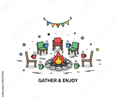 Festive outdoor gathering illustration with a bonfire in the center, small chairs and cups around it, expressing casual celebration and social warmth. A