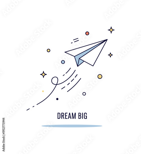 Paper plane childhood imagination scene illustrated by a neatly folded paper airplane soaring upward with soft motion lines and tiny star accents, expressing