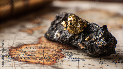 Raw mineral placer deposit with shimmering gold nuggets on an antique vintage map, a symbol of discovery, wealth, and valuable resources for finance