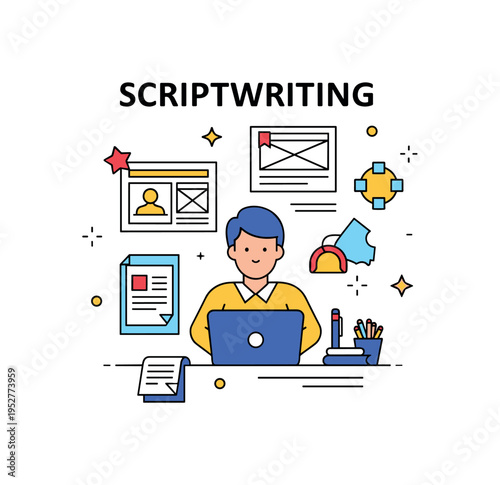 Scriptwriting for television showing a writer at a desk with a laptop, notes, and storyboard sketches, small decorative stars emphasizing creativity,