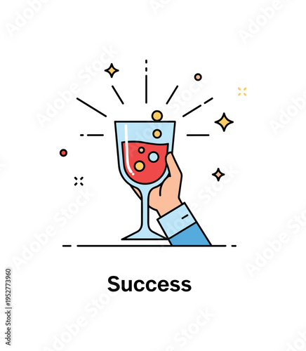 Victory celebration drinks with a single glass raised high and subtle starburst lines radiating outward. A compact ?Success? caption reinforces achievement and